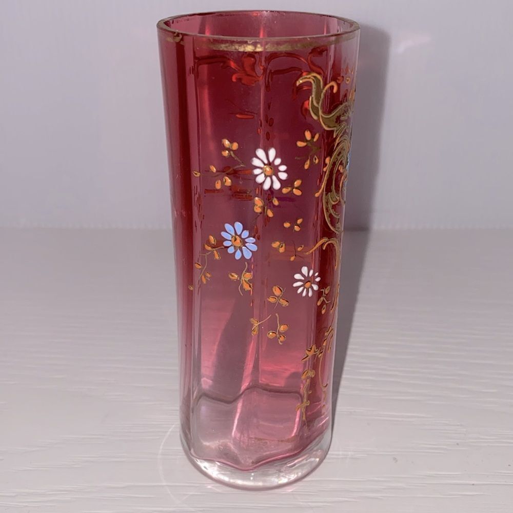 Vintage Hand Blown Cranberry Glass Hand Painted 3D Floral Single Bud Vase